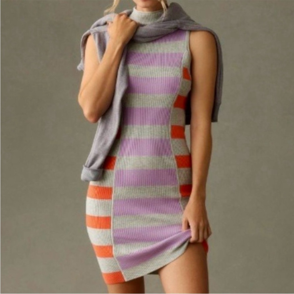 Anthropologie Lavender, Gray & Orange Striped Knit Sheath Dress